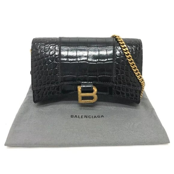 BALENCIAGA 656050 B logo Hour glass Shoulder Bag Leather Black/GoldHardware - Picture 1 of 11